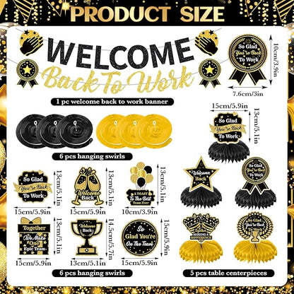 12pcs Welcome Back to Work Decorations Office Black Gold So Glad You're Back To Work Banner and Hanging Swirls Table Centerpieces Office Party Supplies for Indoors Outdoors