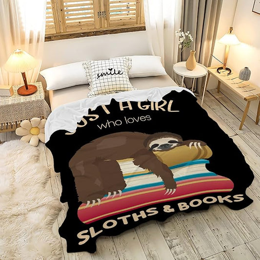 Just a Girl Who Loves Sloths and Books Blanket Lightweight Cozy Flannel Fleece Throw Blanket Best Gift Home Decor for Bed Couch Outdoor Camping 120"x90" King for Family