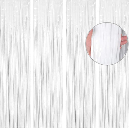 BTSD-home White Foil Fringe Curtain, Metallic Photo Booth Backdrop Tinsel Door Curtains for Wedding Birthday Bridal Shower Baby Shower Bachelorette Christmas Party Decorations(4 Pack, 12ft x 8ft)