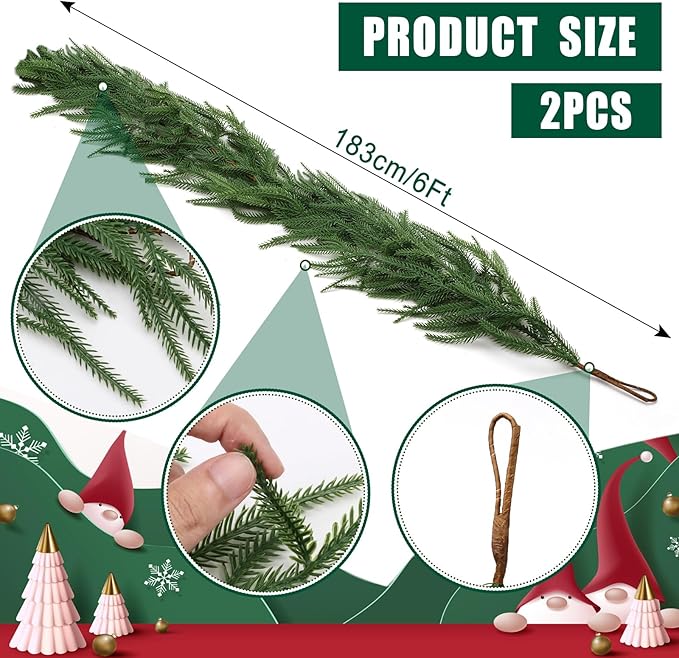 2 Pcs 6Ft Garland Christmas Decorations Norfolk Pine Garland Real Touch Winter Pine Garlands, Green Artificial Faux Greenery Garlands for Table, Mantle, Wall, Outdoor Home Decor Xmas Holiday Seasonal
