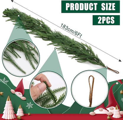 2 Pcs 6Ft Garland Christmas Decorations Norfolk Pine Garland Real Touch Winter Pine Garlands, Green Artificial Faux Greenery Garlands for Table, Mantle, Wall, Outdoor Home Decor Xmas Holiday Seasonal