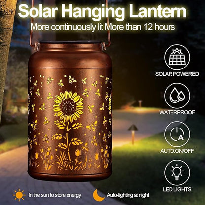 Solar Lanterns Outdoor, Waterproof Hanging Metal Solar Lanterns LED Decoration for Garden, Yard, Patio - Perfect Birthday Gifts for Women Mom Grandma(Sunflower + Bee)