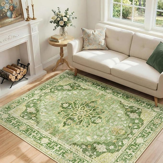 Area Rugs 4'x6' Washable Non-Slip, Floral Vintage Distress Print Pattern Medallion Carpet for Living Room Bedroom Dining Room, Sage Green Yellow