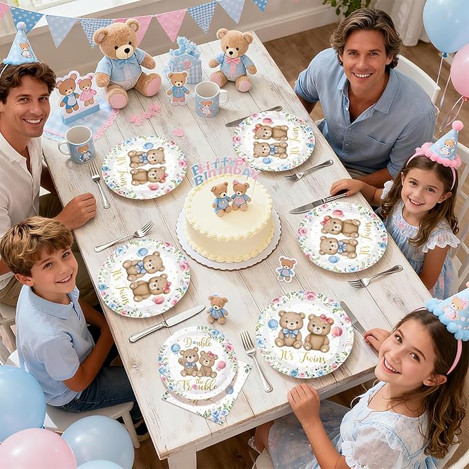 96Pcs Twin Bear Boy Girl Baby Shower Party Supplies It's Twins Pink Blue Floral Plates and Napkins Disposable Double the Trouble Tableware Set Newborn Gender Reveal Theme Party Decorations Serves 24