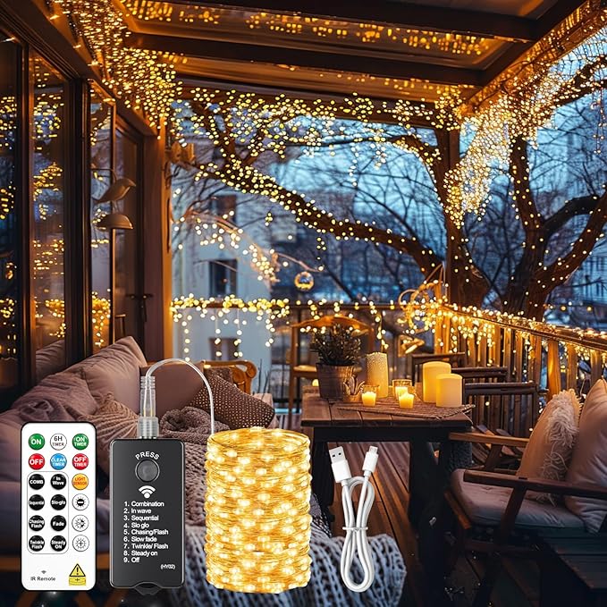 HXWEIYE Rechargeable Fairy Lights with Remote, 66ft 200 LED Twinkle Lights with DIY Timer & Light Sensor, Waterproof Outdoor String Lights for Bedroom Patio Christmas Tree Decor, Warm White