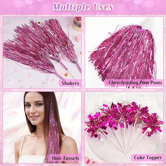 LOLStar 6 Pack Pink Foil Fringe Garland Birthday Party Decorations, 59Ft Metallic Tinsel Streamers Banner, Glitter Photo Booth Prop Table Skirt for Wedding Parade Float Gender Reveal Party Decor