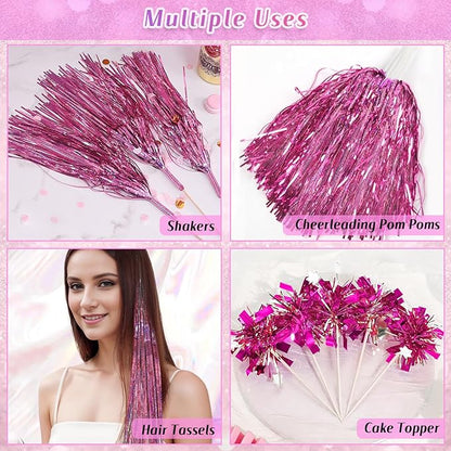 LOLStar 6 Pack Pink Foil Fringe Garland Birthday Party Decorations, 59Ft Metallic Tinsel Streamers Banner, Glitter Photo Booth Prop Table Skirt for Wedding Parade Float Gender Reveal Party Decor