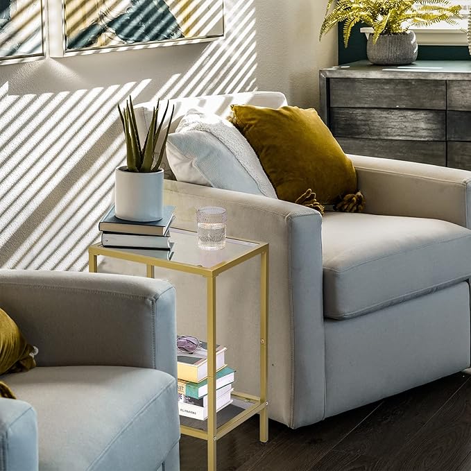 Side Tables Set of 2, End Tables with Tempered Glass, 2-Tier Nightstands with Storage Shelves, Coffee Table with Modern Style, Slim Sofa Table for Living Room, Bedroom, 11.8" D x 15" W, Gold