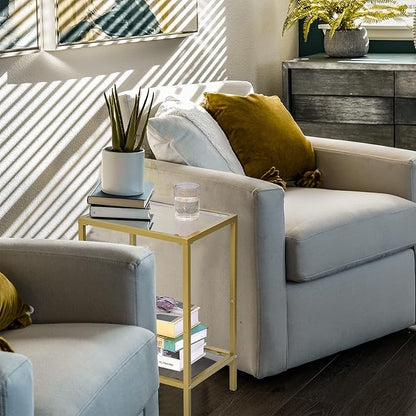Side Tables Set of 2, End Tables with Tempered Glass, 2-Tier Nightstands with Storage Shelves, Coffee Table with Modern Style, Slim Sofa Table for Living Room, Bedroom, 11.8" D x 15" W, Gold