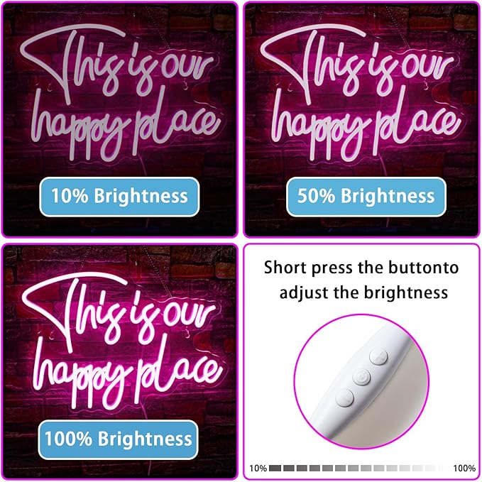 NOSUN This is Our Happy Place Neon Sign Pink Neon Signs for Wall Decor Pink Neon Light Sign with Dimmable Letter Neon Signs for Bedroom Bar Party Club Home Wedding Birthday Party LED Decorations