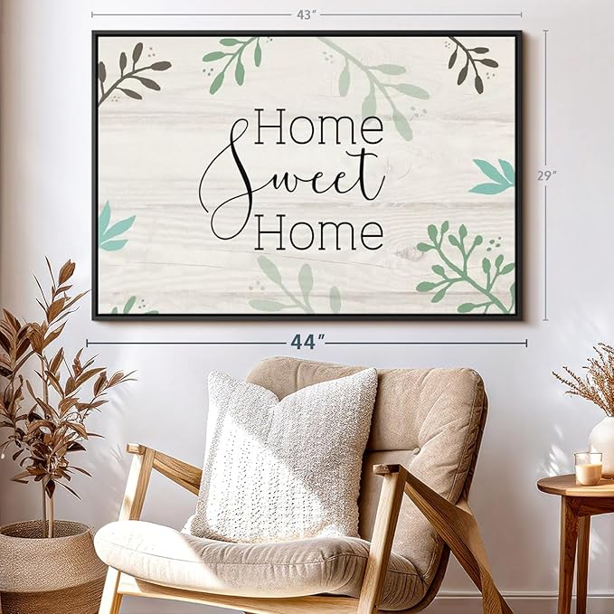 Elephant Stock Home Sweet Home Foliage Wall Art - Horizontal Floating Framed Canvas - 1-Piece Living Room Wall Decor - Leaf Digital Art Canvas Print - Beige and Black Decor for Wall by Susan Jill - 43" X 29"