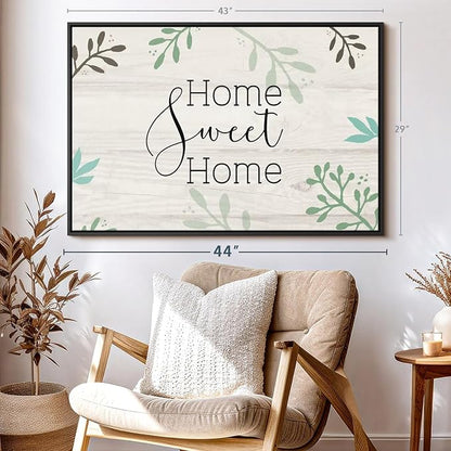 Elephant Stock Home Sweet Home Foliage Wall Art - Horizontal Floating Framed Canvas - 1-Piece Living Room Wall Decor - Leaf Digital Art Canvas Print - Beige and Black Decor for Wall by Susan Jill - 43" X 29"