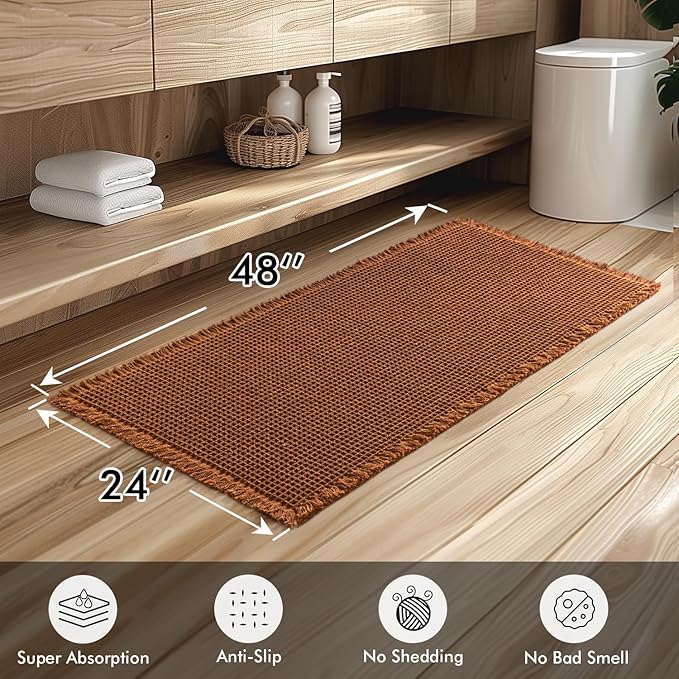 MIULEE Set of 2 Waffle Bathroom Runner Rugs, Fall Boho Bath Rug Non Slip, Super Absorbent Runner Bath Mats, Rubber Backed Shower Mat for Hallway Bedroom Laundry Room, Terracotta, 2'x4'(24x48 Inch)