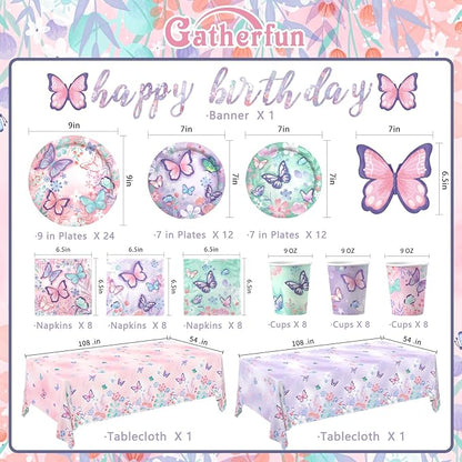 Butterfly Birthday Party Supplies Set - Includes Disposable Plates, Cups, Napkins, Tablecloth, and Banner | Butterfly Party Decorations for Girls Birthday Celebration,Serve 24