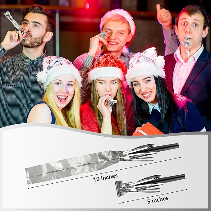 100Pcs New Years Noise Makers, Silver Happy New Year Party Favors, Party Blowers Metallic Fringed Horns Noise Makers New Years Eve Party Supplies for Women Men Birthday Wedding