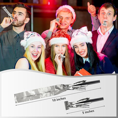 100Pcs New Years Noise Makers, Silver Happy New Year Party Favors, Party Blowers Metallic Fringed Horns Noise Makers New Years Eve Party Supplies for Women Men Birthday Wedding