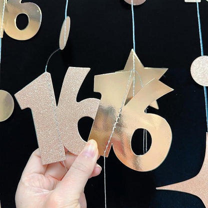 Champagne Gold Number 16 Circle Dot Twinkle Star Garland Streamer Bunting Banner Backdrop Decorations for Girls Happy 16th Birthday Sweet Sixteen 16th Anniversary Cheers to 16 Years Party Decor