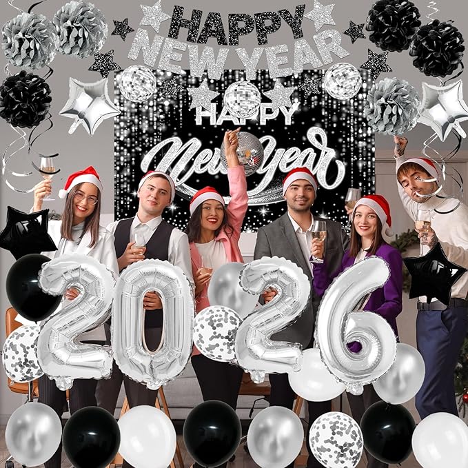 New Years Eve Party Supplies 2026 Happy New Year Decorations Kit - Black Silver Happy New Year Banner, Backdrop, 2026 Balloons, Pom Poms and Hanging Swirls for Kids Adults Party Decor