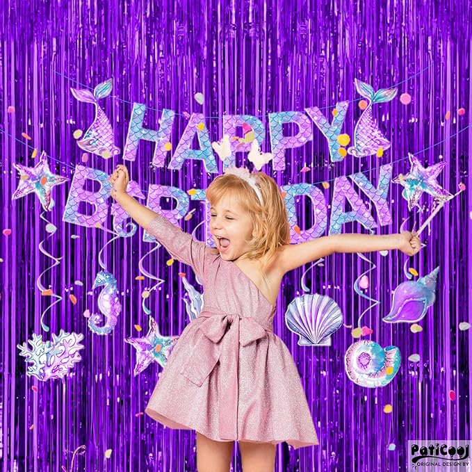 Thicken Purple Streamers 2 Pack 3.3 x 6.6 FT, Purple Birthday Decrorations Tinsel Backdrop Curtains, Foil Fringe Photo Backdrop for Birthday, Halloween, Graduation Party Decorations
