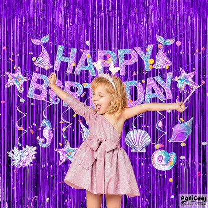 Thicken Purple Streamers 4 Pack 3.2 x 8.2 FT, Purple Birthday Decorations Tinsel Backdrop Curtains, Foil Fringe Photo Backdrop for Halloween, Graduation Party Decorations