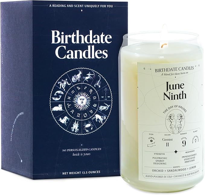 Birthdate Candles, June 9 - Gemini Zodiac Scented Candles Birthday Gift - Orchid, Sandalwood & Lemon Scent - All-Natural Soy & Coconut Wax, 60-80 Hour Burn Time - Made in USA