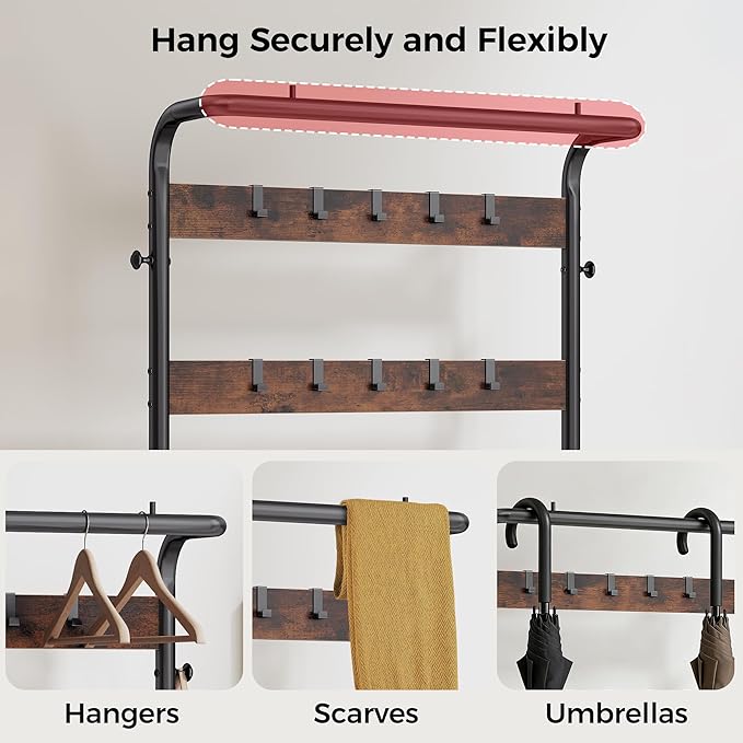 DUMOS Hall Tree with Shoe Bench and Coat Rack, Entryway Bench with Shoe Storage and Hooks, 4-in-1 Coat and Shoe Rack for Entryway, Mudroom Storage Organizer with Shelves, Brown