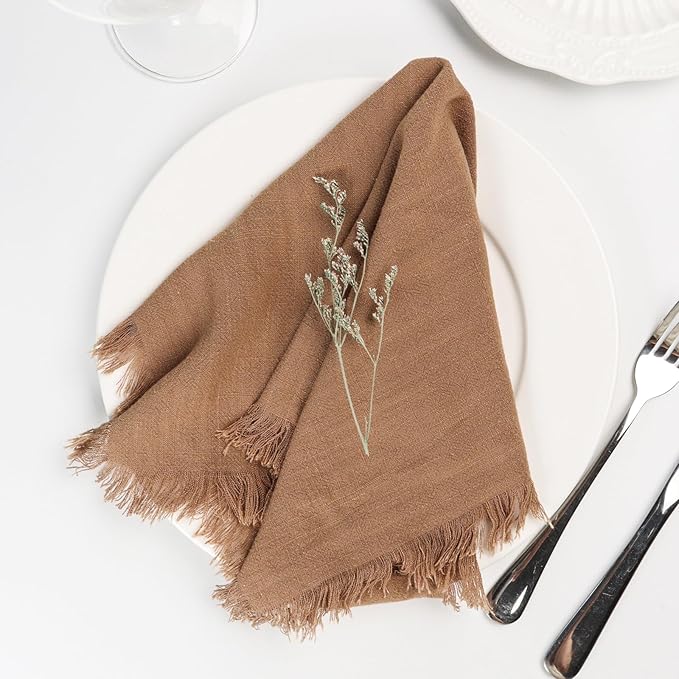 Handmade Cloth Napkins with Fringe,18 x 18 Inches Cotton Linen Napkins Set of 4 Versatile Handmade Square Rustic Fringe Napkins for Dinner, Wedding and Parties, Taupe
