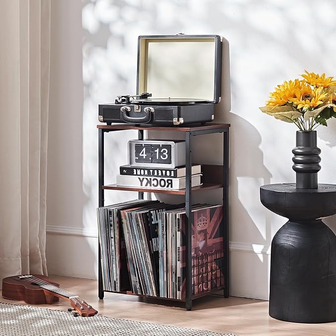 LELELINKY 3 Tier End Table,Record Player Stand with Storage Up to 100 Albums, Turntable Stand for Vinyl, Walnut Couch Nightstand Side Tables for Living Room Bedroom