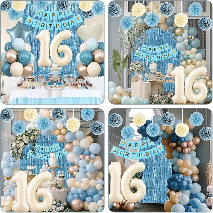 Dusty Blue 16th Birthday Party Decorations Boys Girls Beige Cream Number 16 Balloon with Blue Gold Happy Birthday Banner Fringe Curtain Paper Pom Poms Nude White Sand Champagne Star Foil Balloons