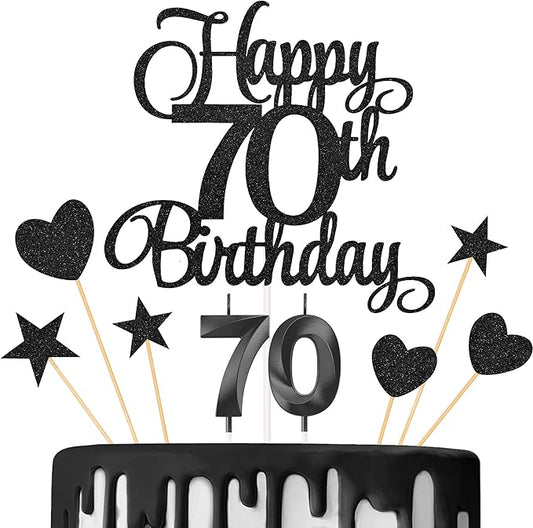 70th Birthday Cake Decorations, 70th Birthday Candles Cake Numeral Candles and Glitter Happy 70th Birthday Cake Toppers Set for Birthday Party Supplies (Black)