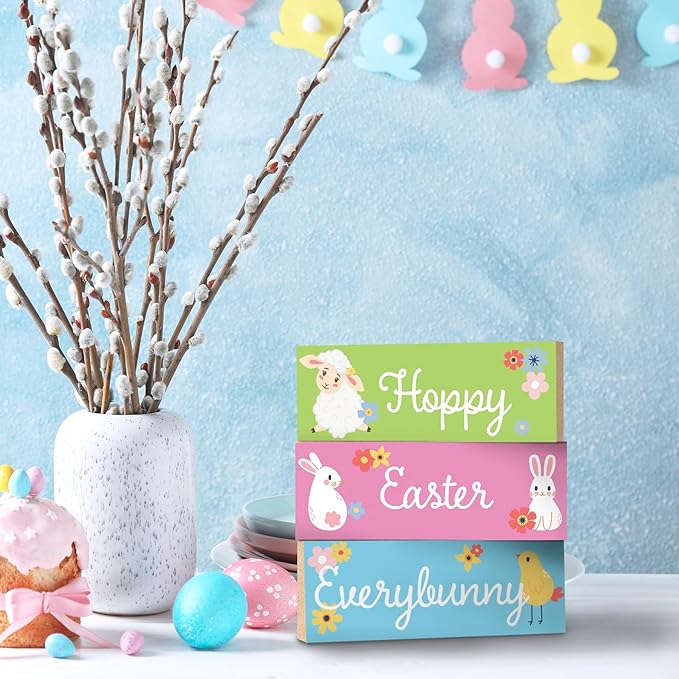 Hoppy Easter Everybunny Wooden Block Sign Set - 3pc Easter Tiered Tray Decor, Spring Tabletop Decorations, Bunny & Chick Signs for Mantel, Shelf, Home Accents
