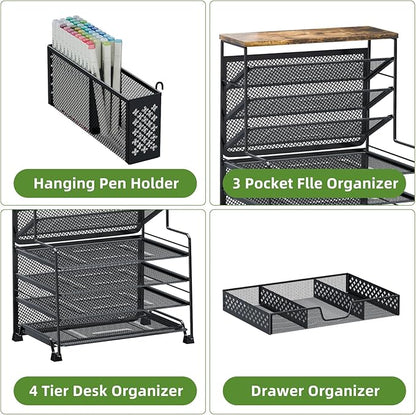 8 Tier Desk File Organizer with Sliding Drawer, Desktop Organizers and Accessories, Letter Size File Organizer for Desk, Black