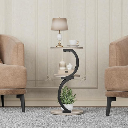 JUSTOGO Small Round Side Table, 3-Tier End Table for Living Room, Vintage Nightstand for Small Spaces Sofa Couch Corner Bedside Bedroom, S-Shaped Wood Accent Table Metal Coffee Table, Greige