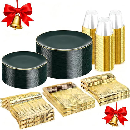 WDF 300Pcs Green Plates Disposable - Heavy Duty Green Plates - 50Guest Christmas Plastic Dinnerware Include 50 Dinner Plate, 50 Dessert Plate, 150 Cutlery & 50 9oz Cups for Christmas Parties