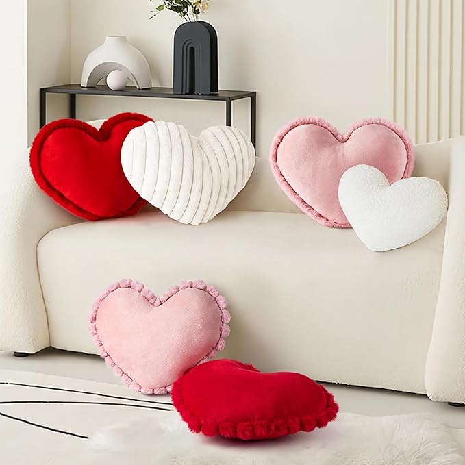 AELS Heart Shaped Pillow, Set of 2, Heart Decorative Throw Pillows, Soft Velvet Love Pillows with Faux Fur Fringe, 20 & 16 Inches, Cute Valentines Day Decorations, Wedding Decor, Red