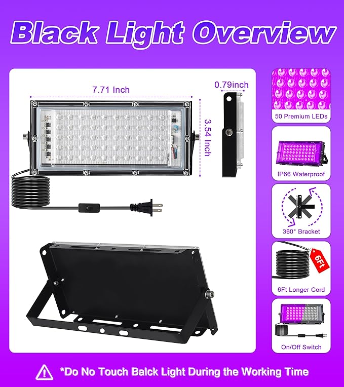 50W LED Black Light IP66 Waterproof,Outdoor Blacklight Flood Light with Plug+Switch+Cord, for Halloween Neon Glow in The Dark Party Body Paint Fluorescent Poster Classroom Club Dance Party, 2 Pack