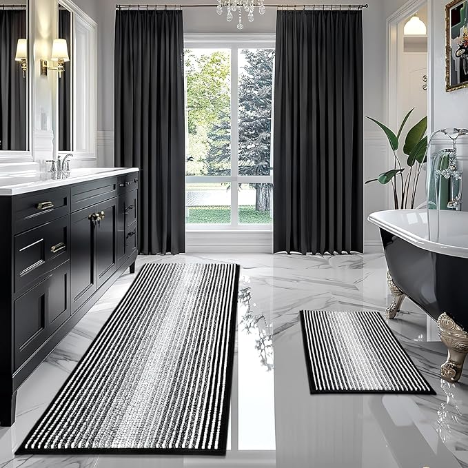 BSICPRO Bathroom Rugs and Mats Sets, 2 Piece Thick Absorbent Chenille Bath Mat Rug Set Non Slip, Soft Shaggy Bath Room Floor Mats for Bathroom, Machine Washable (Black, 24" x 70" Plus 20" x 32")