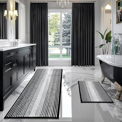 BSICPRO Bathroom Rugs and Mats Sets, 2 Piece Thick Absorbent Chenille Bath Mat Rug Set Non Slip, Soft Shaggy Bath Room Floor Mats for Bathroom, Machine Washable (Black, 24" x 70" Plus 20" x 32")