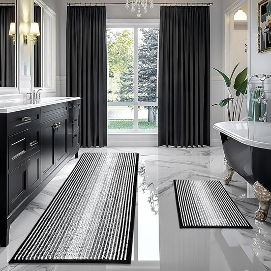 BSICPRO Bathroom Rugs and Mats Sets, 2 Piece Thick Absorbent Chenille Bath Mat Rug Set Non Slip, Soft Shaggy Bath Room Floor Mats for Bathroom, Machine Washable (Black, 24" x 70" Plus 20" x 32")