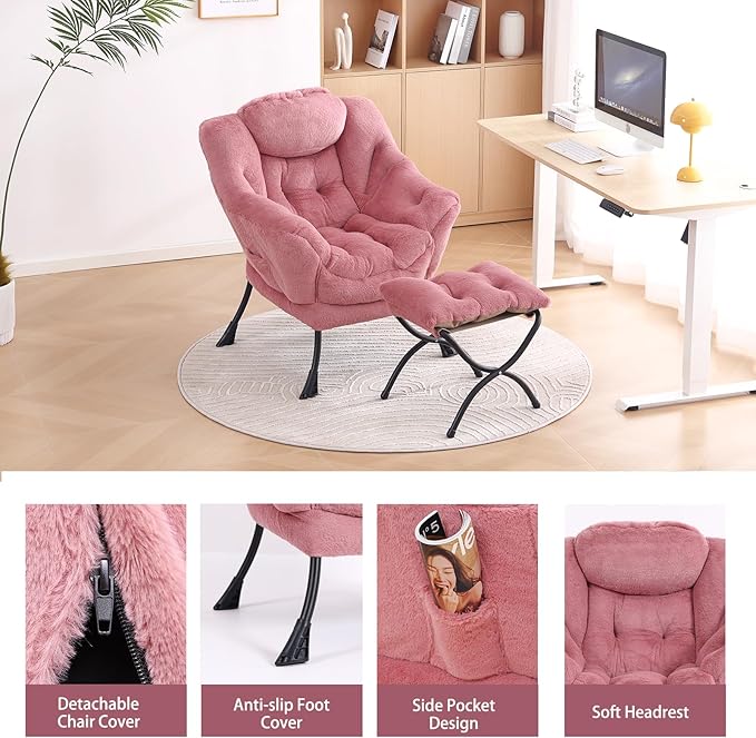 LITA Lazy Chair with Ottoman, Modern Accent Leisure Upholstered Sofa Chair, Lounge Reading Chairs with Armrests and a Side Pocket for Living Room, Bedroom & Small Space, Plush Dark Pink