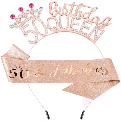 VELSCRUN 50th Birthday Queen Headband, Tiara Crown for Women, 50th Birthday Decorations for Her, Birth Queen Tiaras Crowns Sash for Women Mom Birth Party Decoration Hair Accessories Rose Gold