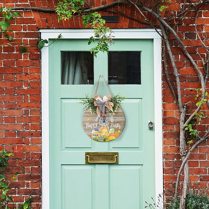 Harooni Rustic Wooden 12x12in Happy Easter Door Sign with Bow, Bunny & Easter Eggs, Perfect for Front Door, Wall, Window, Indoor/Outdoor Use