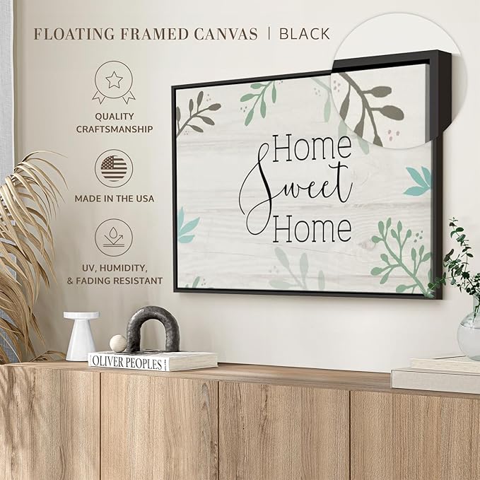 Elephant Stock Home Sweet Home Foliage Wall Art - Horizontal Floating Framed Canvas - 1-Piece Living Room Wall Decor - Leaf Digital Art Canvas Print - Beige and Black Decor for Wall by Susan Jill - 37" X 25"