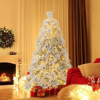GOFLAME 6ft Pre-Lit Christmas Tree Snow Flocked, Hinged Artificial Xmas Tree with 519 Branch Tips, 250 Warm White LED Lights, Willow Leaves, Holiday Decoration Tree for Home Office Party
