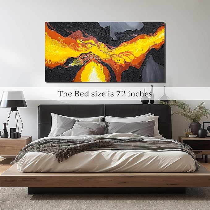 GUGIKA Large Abstract Wall Art for Living Room, Hand Painted 3D Textured Magma Paintings, Black and Gold Yellow Volcanic Lava Canvas Wall-Decor for Bedroom, Size 72x36 Inches