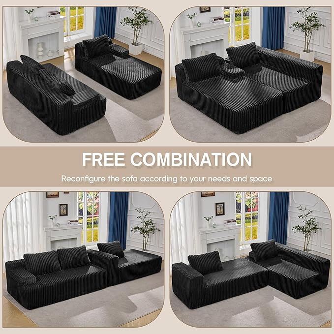 Modular Sectional Sofa Couches L-Shape Couch 3 Seat Modular Sofa Memory Foam Sectional Couches for Living Room, Cloud Couch with Oversized Chaise (Black Stripe, 108" Right Facing Chaise)