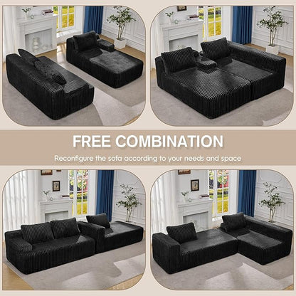 Modular Sectional Sofa Couches L-Shape Couch 3 Seat Modular Sofa Memory Foam Sectional Couches for Living Room, Cloud Couch with Oversized Chaise (Black Stripe, 108" Right Facing Chaise)