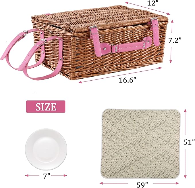 Wicker Picnic Basket for 4 with Waterproof Picnic Blanket and Insulated Cooler, Willow Hamper for Camping, Outdoors, Photoshoot, or a Birthday, Valentine’s Day, Wedding Gift, Pink