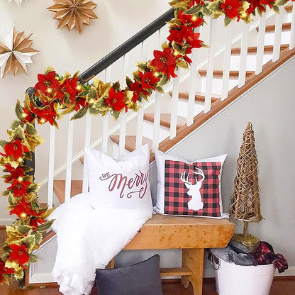 Glintoper Christmas Poinsettia Garland, 9 FT Lighted Artificial Garlands with Red Flowers, Battery Operated with Timer Poinsettia String Lights, Light up for Xmas New Year Holiday Home Decor