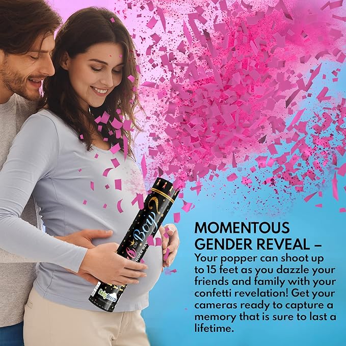 Gender Reveal Confetti Powder Cannon - Biodegradable Blue & Pink Poppers for Baby Shower Party Decorations - He or She What Will it Bee - 2 Pink Sticks